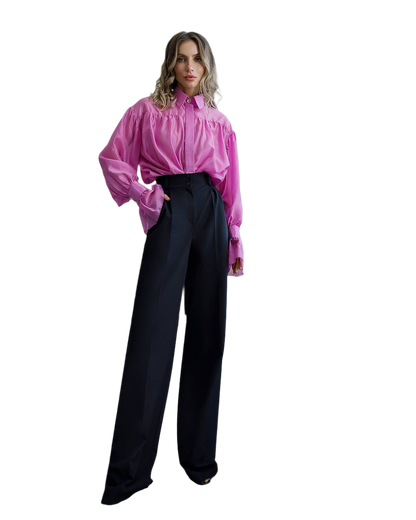Women High Waist Wide-Leg Trousers in Suiting Crepe Diagonal Fabric