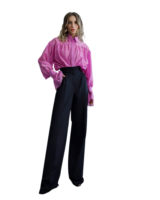Women High Waist Wide-Leg Trousers in Suiting Crepe Diagonal Fabric