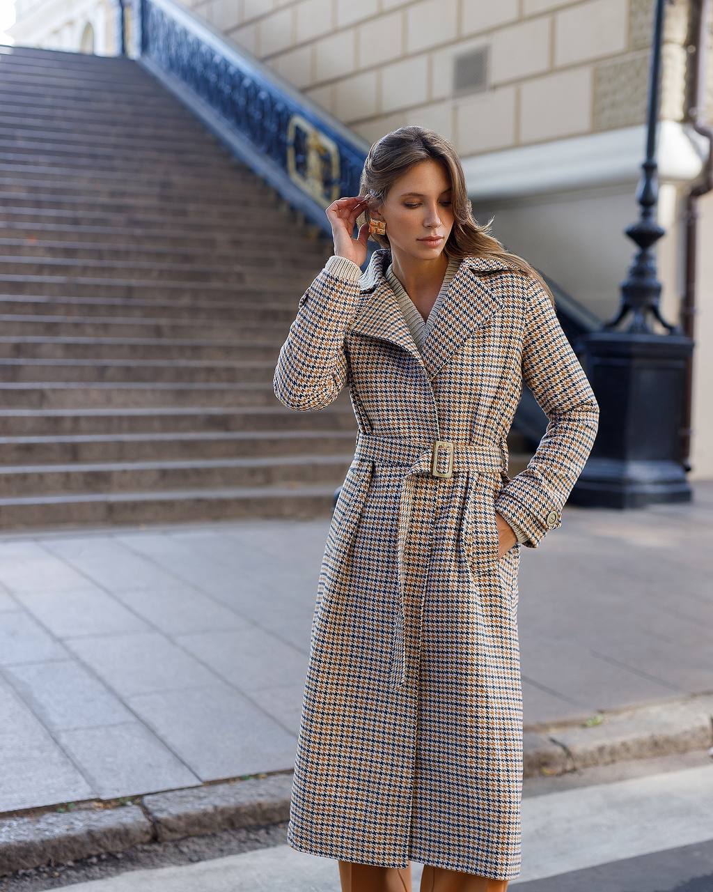 Womens Turkish Fabric Houndstooth Pattern Long Coat with Belt