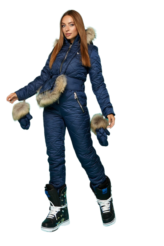 Womens Winter Ski Jumpsuit with Natural Raccoon Fur Trim