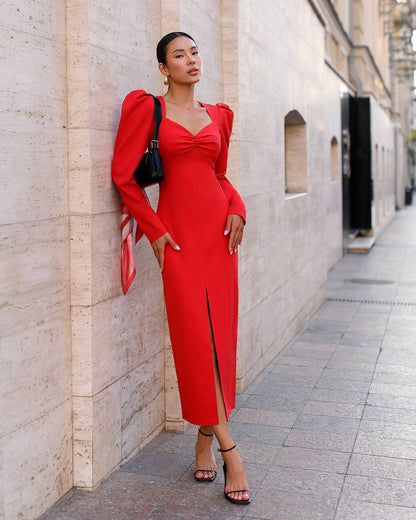 Womens Elegant Midi Dress in Premium Crepe Fabric with Long Sleeves