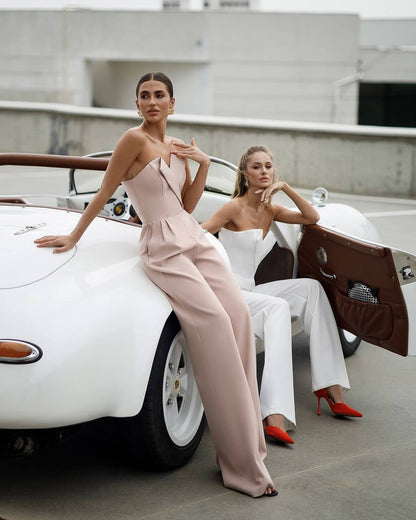Elegant Bridal Wedding Bridesmaid Prom Graduation Corset Jumpsuit Wide Leg Palazzo Pants Courthouse Wedding with Built In Straps Sexy Chic Dinner Outfit