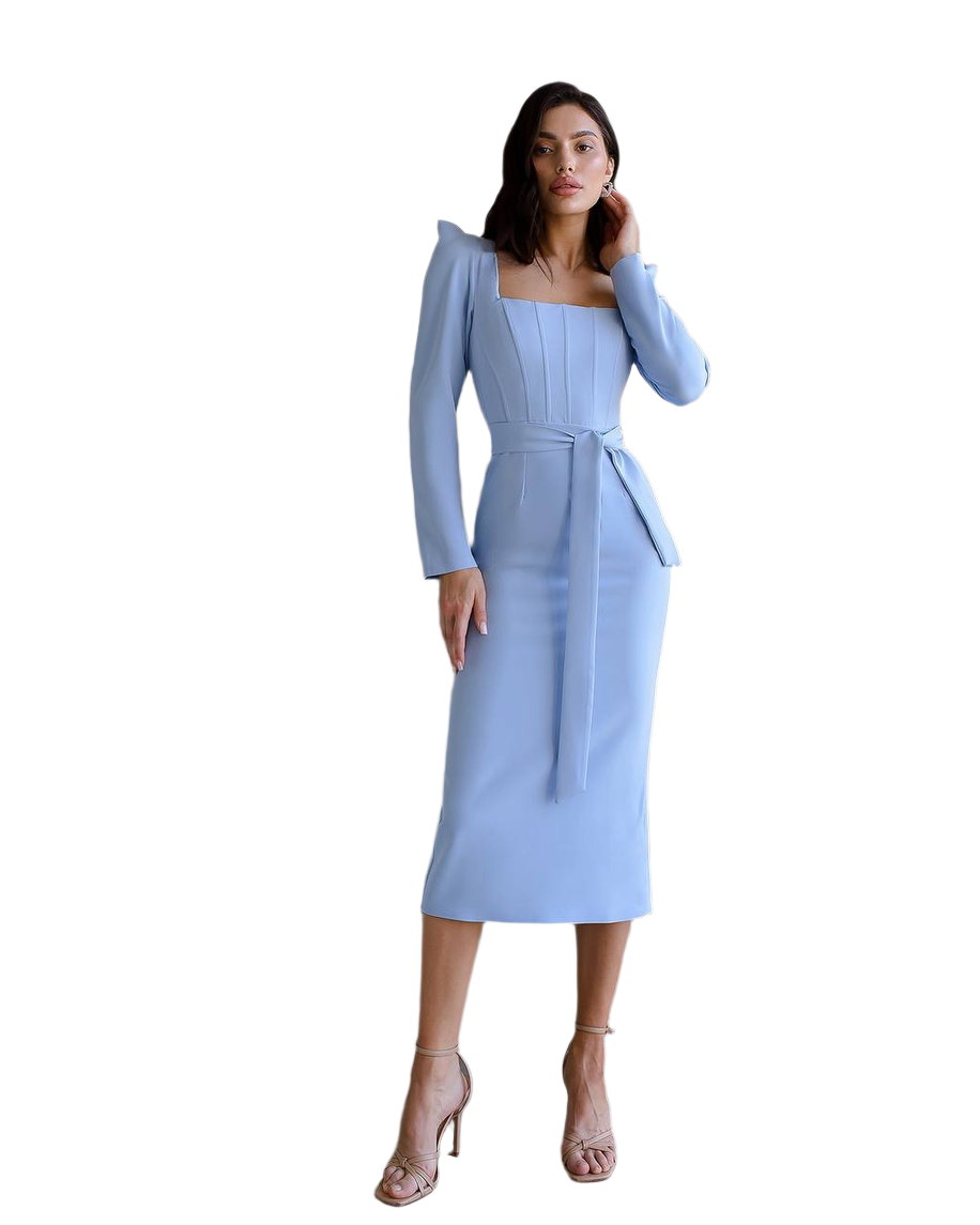 Elegant Light Blue Midi Dress with Fitted Corset and Long Sleeves