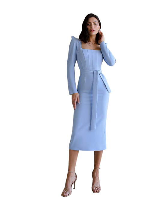 Elegant Light Blue Midi Dress with Fitted Corset and Long Sleeves