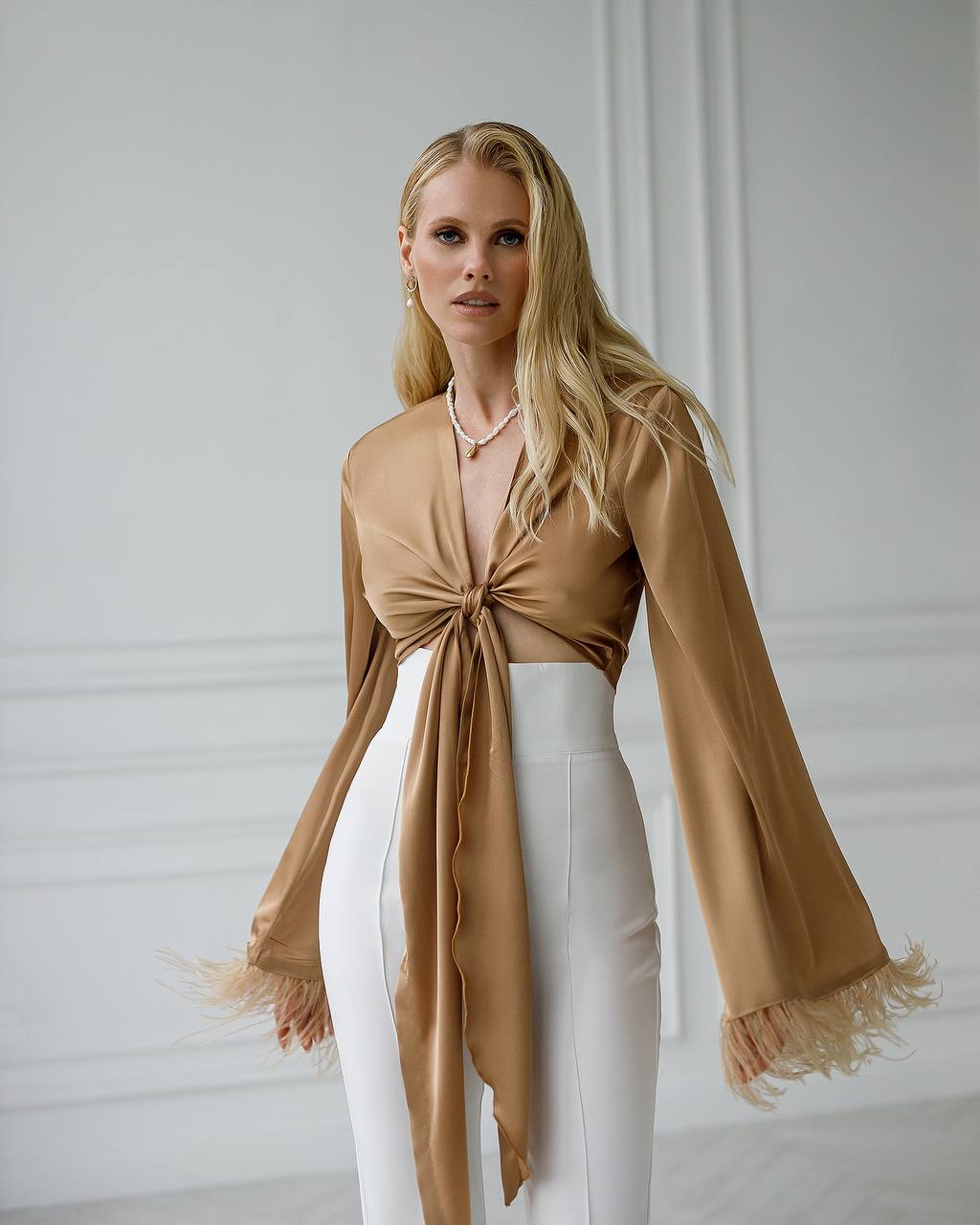 Womens Silk Blouse Top with Feather Trim in Gold