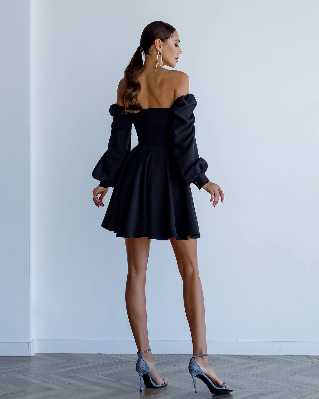 Off Shoulder Dress with Cups Premium Suiting Crepe Diagonal