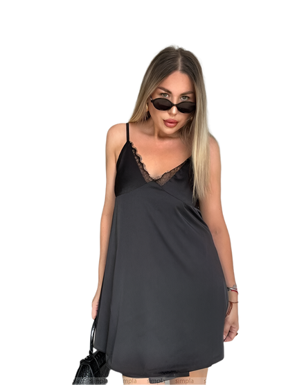 Elegant Black Slip Dress with Lace Details and Back Cutout