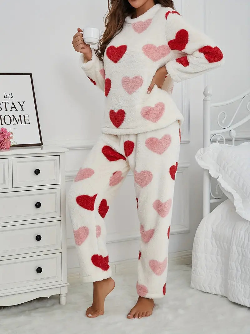 Womens Cozy White Pajamas with Pink Heart Print Turkish Fleece Polar Fabric