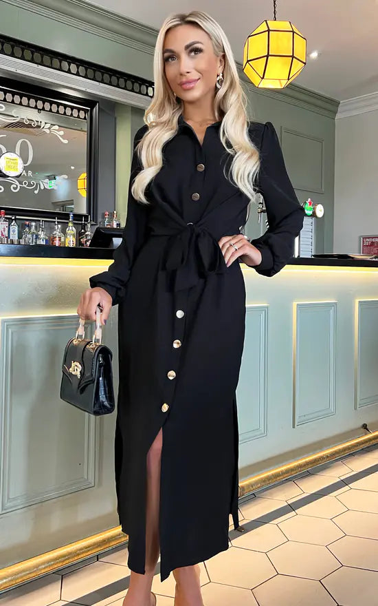 Black Long Sleeve Buttoned Midi Dress with Belt