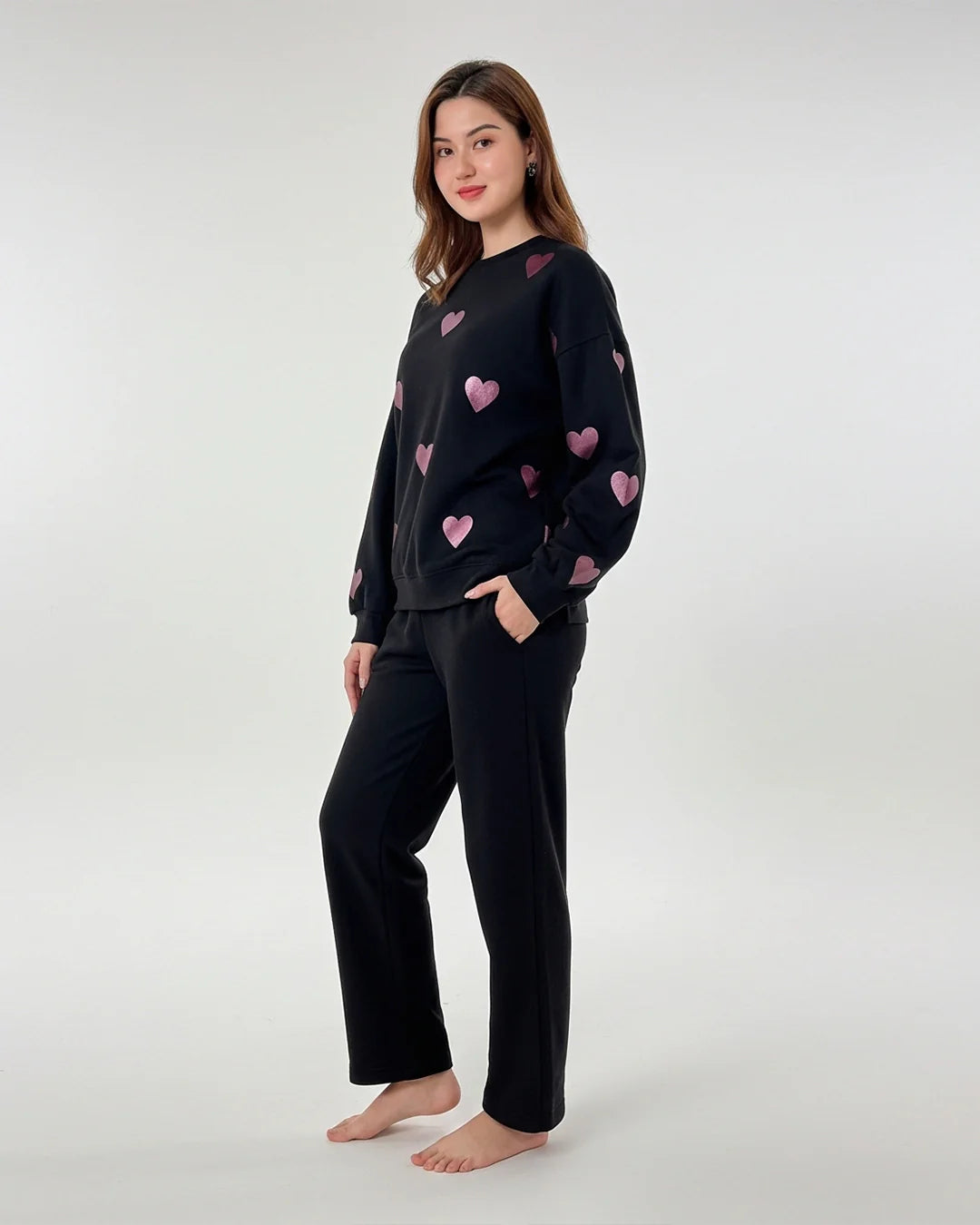 Cozy Black and Red Heart Print Fleece Pajamas Set