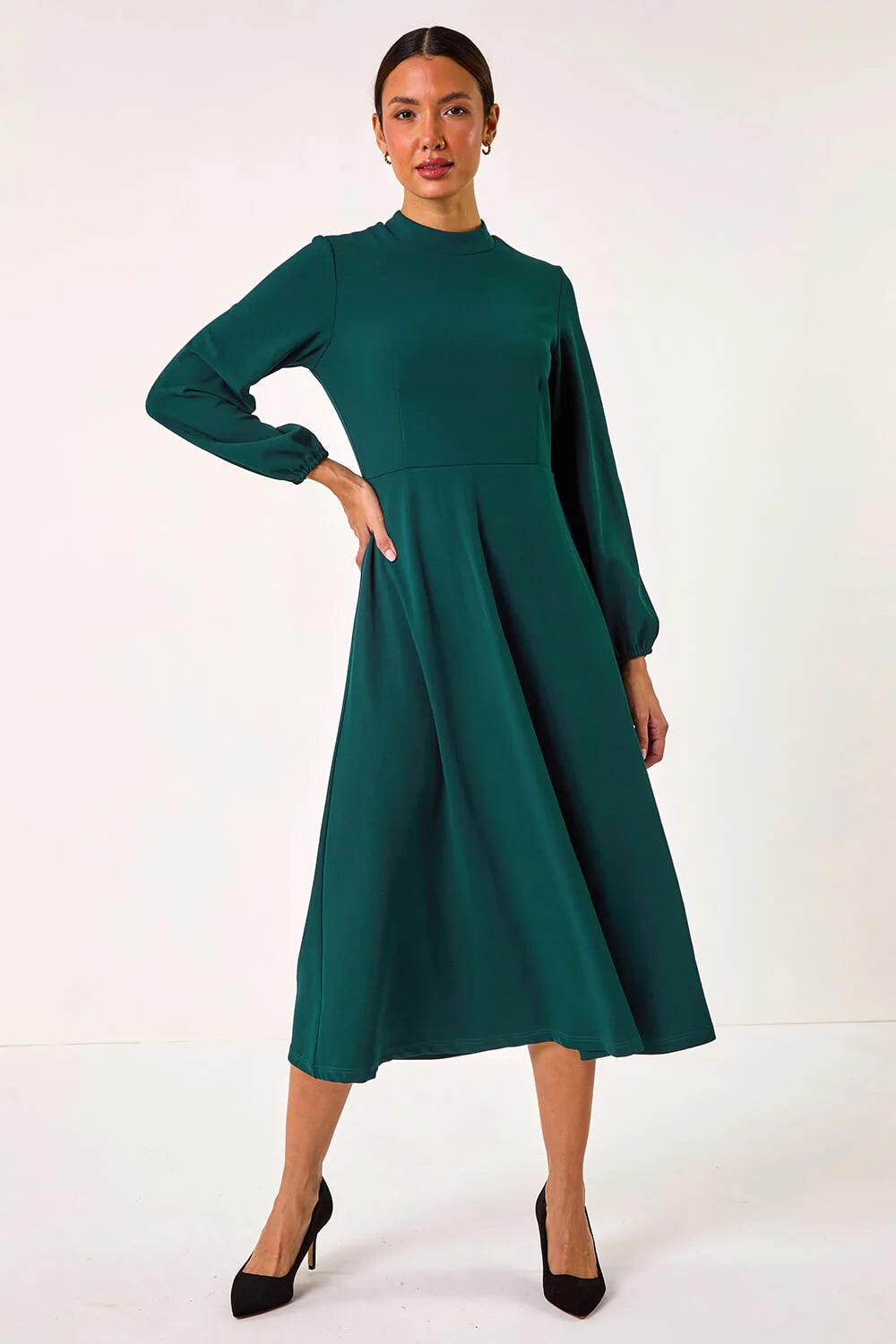 Teal Suede Diving Fabric Long Sleeve Dress with Flared Hem