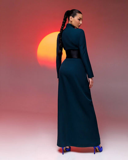 Elegant Standing Collar Dress in Crepe Fabric Perfect for Special Occasions