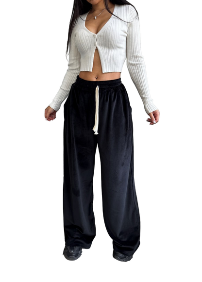 Black Velour High Waist Wide Leg Trousers Loose Fit