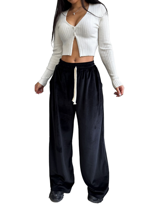 Black Velour High Waist Wide Leg Trousers Loose Fit