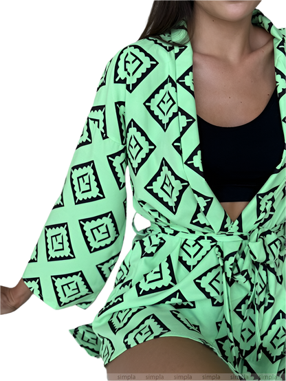Womens Green Patterned Soft Fabric Kimono Set with Shorts