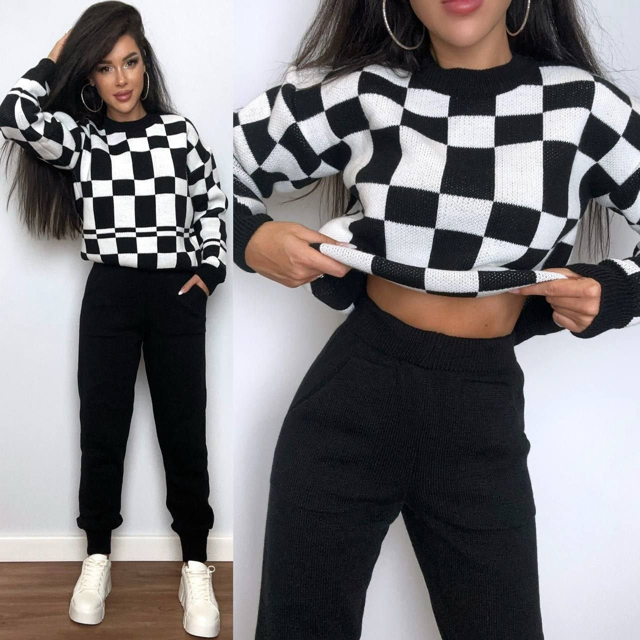 Two views of a person wearing a black and white checkered sweater and black pants.