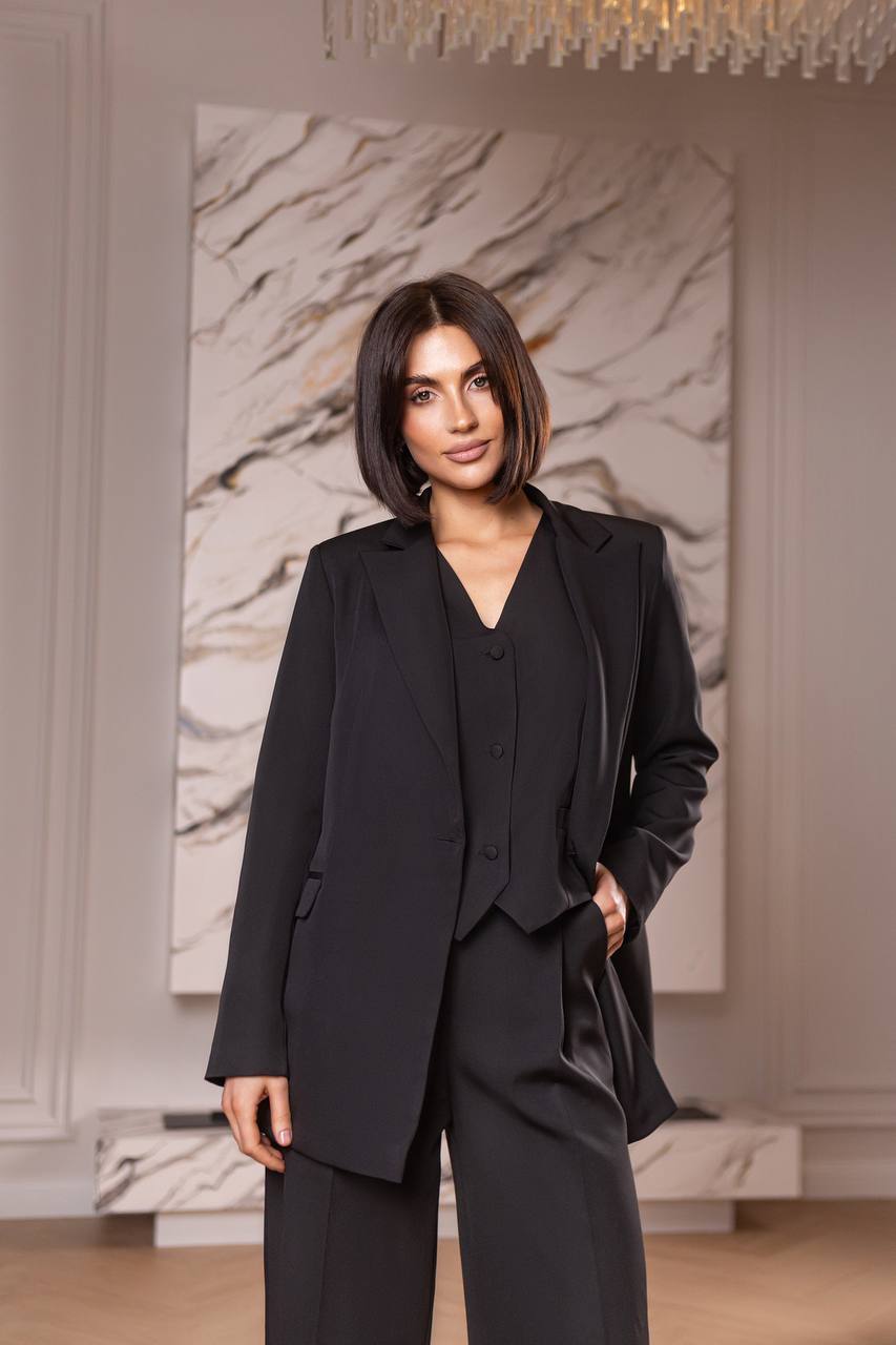 Black Women's Three Piece Suit Diagonal Crepe Lined Vest Jacket Trousers