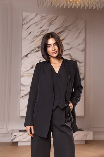 Black Women's Three Piece Suit Diagonal Crepe Lined Vest Jacket Trousers