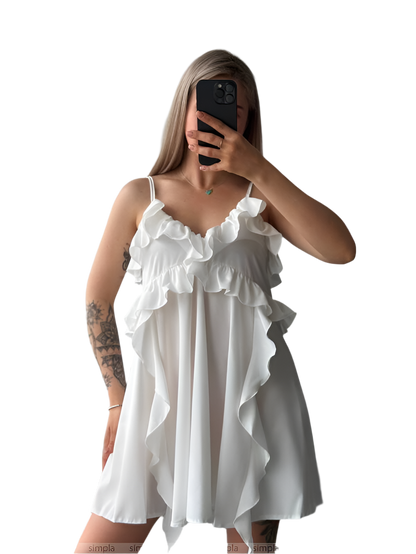 White Boho Ruffle Mini Dress with Adjustable Straps