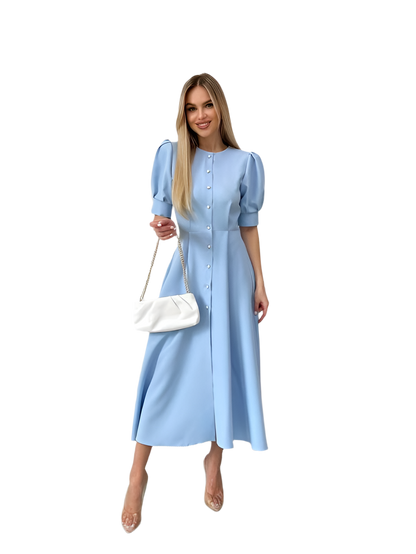Elegant Light Blue Midi Dress with Button Front and Puff Sleeves
