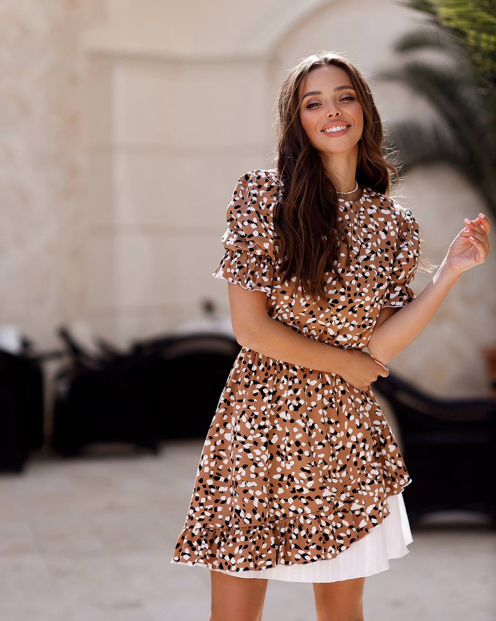 Womens Printed Mini Dress with Flutter Sleeves and Asymmetric Ruffle Hem