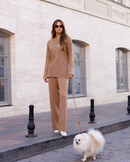 Stylish Beige Two Piece Sweater and Pants Set for Cozy Comfort
