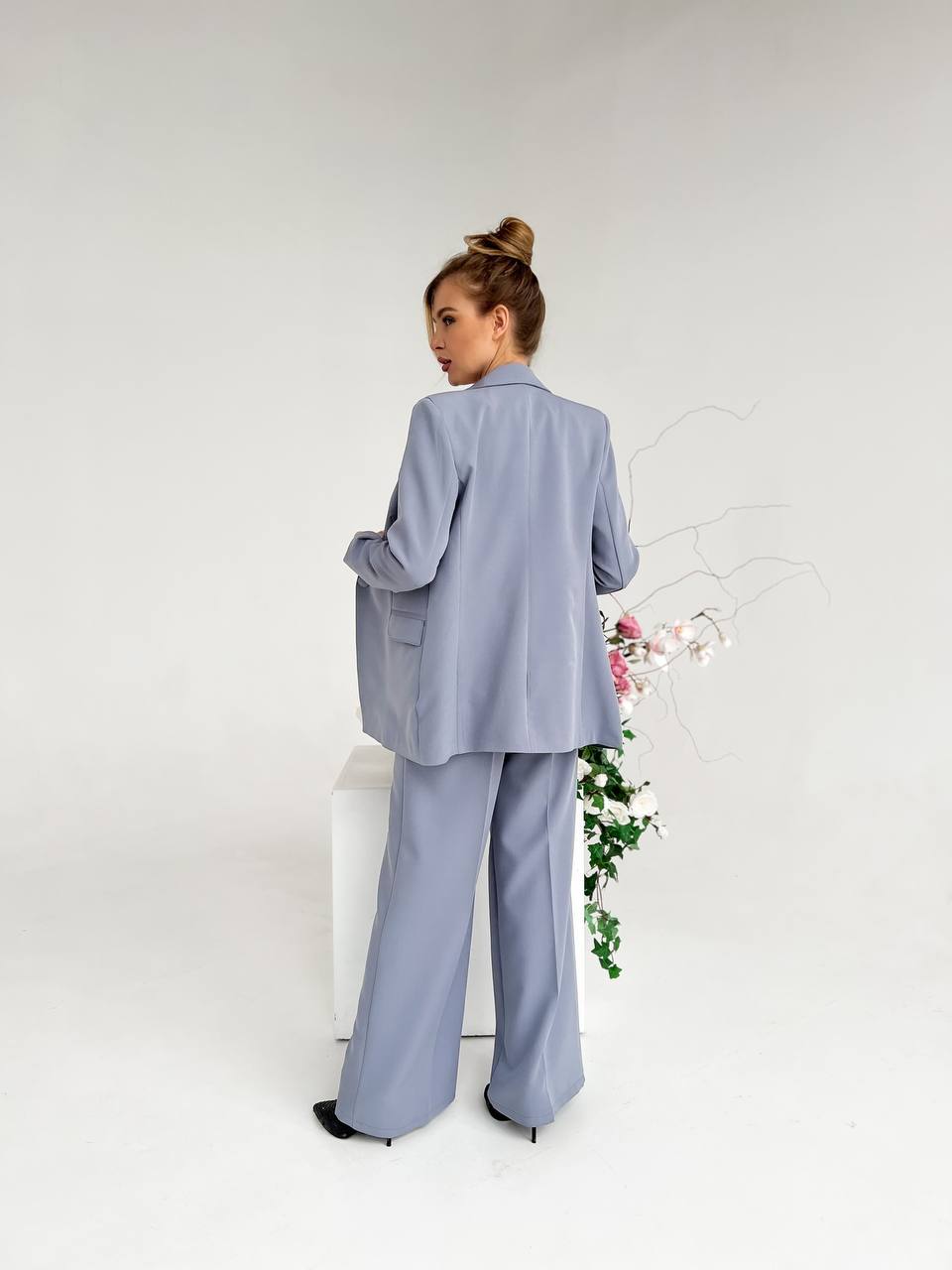 Gray Palazzo Suit Women Diagonal Crepe Tailored Blazer and Wide Leg Trousers