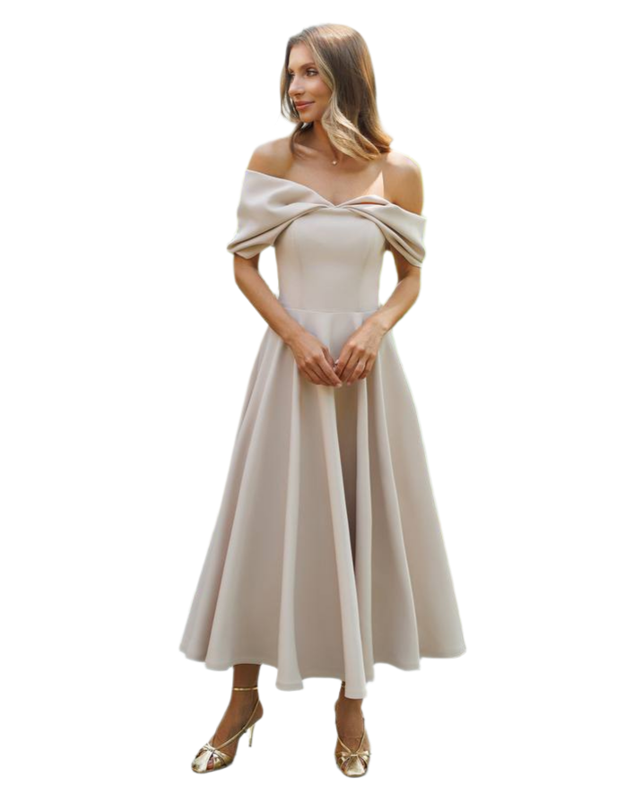 Elegant Off Shoulder Diagonal Crepe Dress for Women in Nude Color
