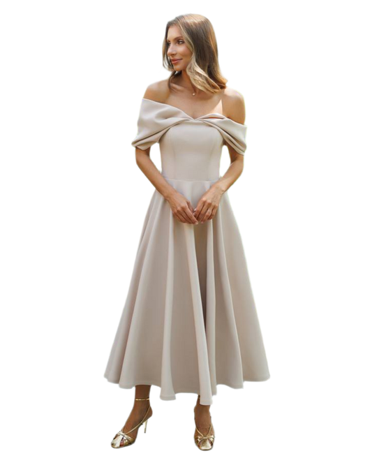 Elegant Off Shoulder Diagonal Crepe Dress for Women in Nude Color