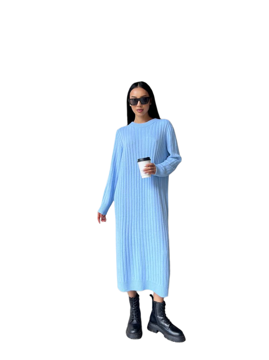 Seamless Knitted Long Women Dress Light Blue