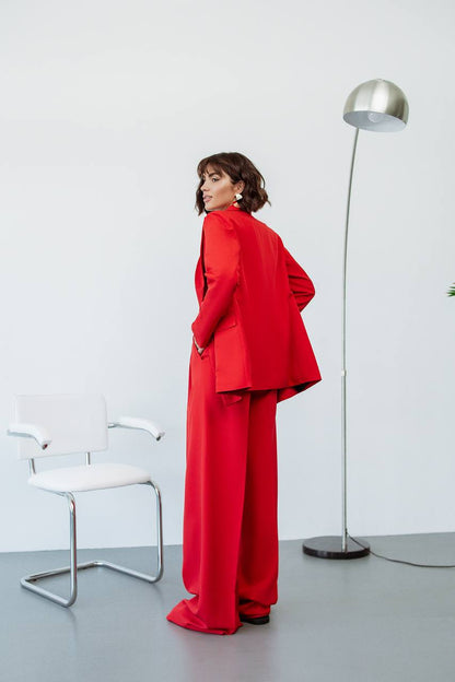 Red Diagonal Crepe Palazzo Suit Women Tailored Blazer Wide Leg Pants