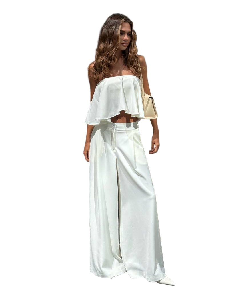 White Bandeau Corset Top And Wide Leg Trousers Two Piece Suit Set