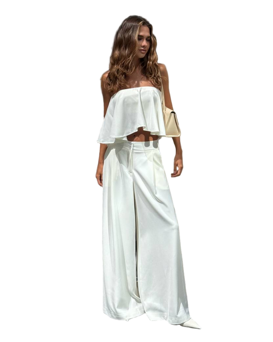 White Bandeau Corset Top And Wide Leg Trousers Two Piece Suit Set