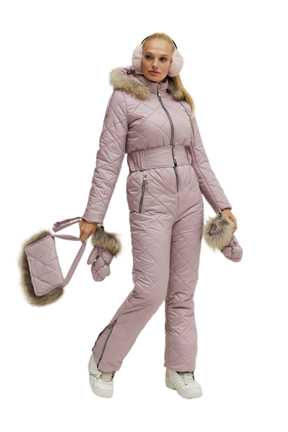 Women's Winter Ski Jumpsuit with Natural Raccoon Fur and Siliconized Insulation
