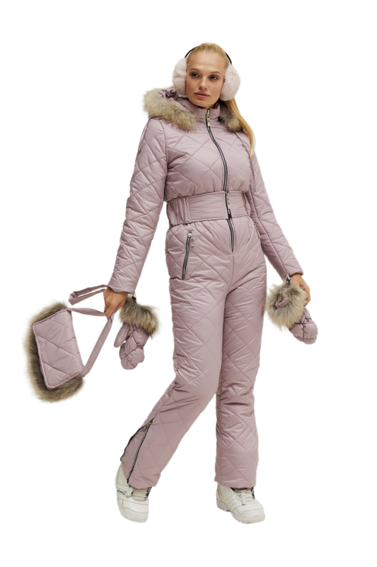 Women's Winter Ski Jumpsuit with Natural Raccoon Fur and Siliconized Insulation