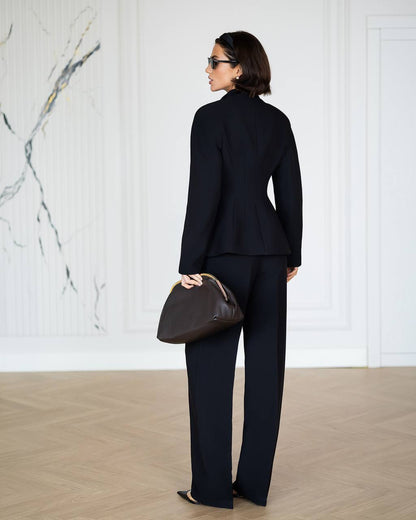 Womens Two Piece Suit with Collarless Blazer and Straight Leg Trousers