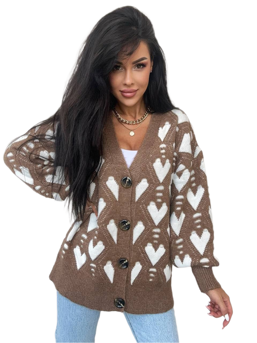 Warm Womens Jessi Brown Heart Pattern Cardigan Sweater