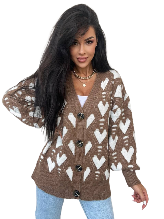Warm Womens Jessi Brown Heart Pattern Cardigan Sweater