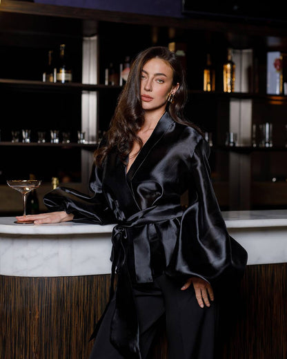 Womens Black Premium Organza Blouse Tunic with Tie Waist