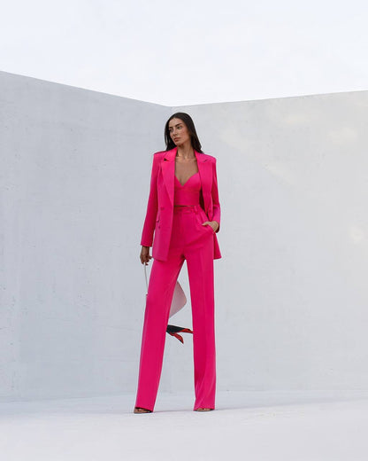 Prom Bridal Wedding Cocktail Graduation Pink Three-Piece Women Suit Jacket Top Trousers Pantsuit Palazzo Pants