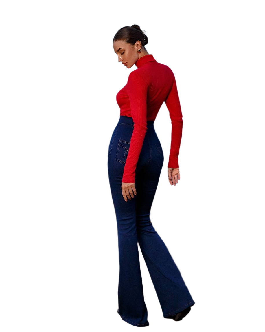 Person wearing a red top and blue bell-bottom pants on a white background