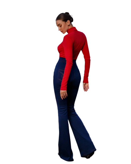 Person wearing a red top and blue bell-bottom pants on a white background