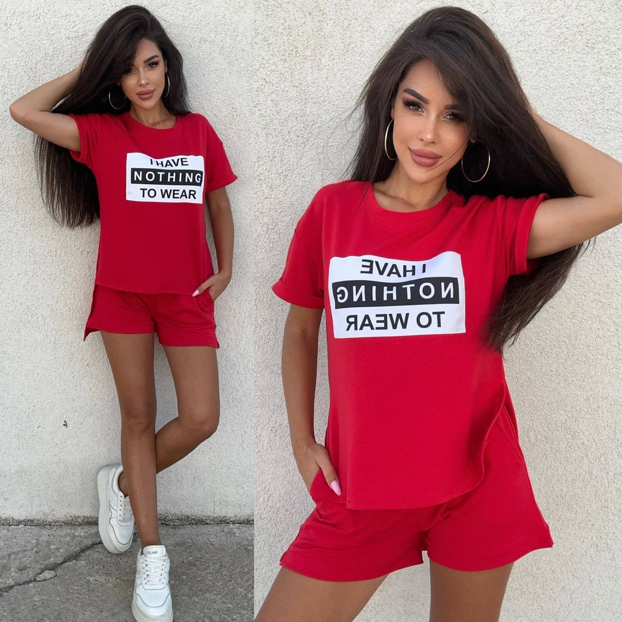 Woman wearing a red outfit with a humorous t-shirt against a plain background
