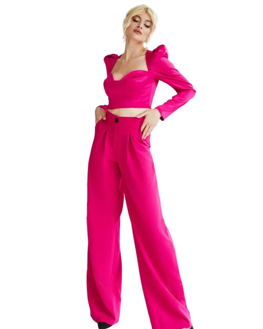 Womens Wide Leg High Waisted Trousers in Diagonal Crepe