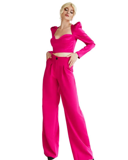 Womens Wide Leg High Waisted Trousers in Diagonal Crepe