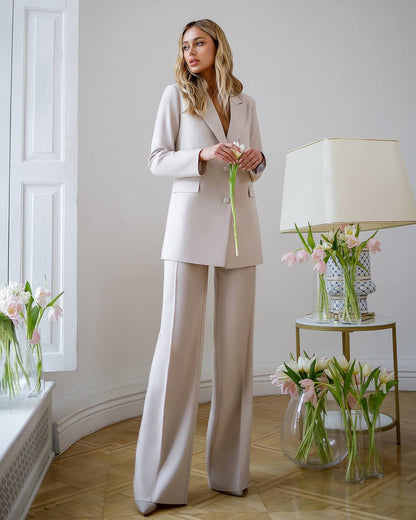 Womens Polished Tiar Lux Fabric Suit Beige Jacket and Pants
