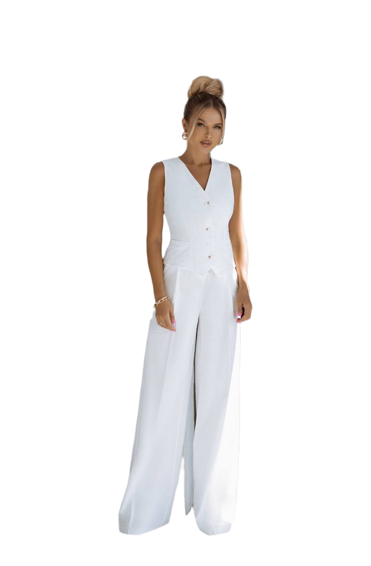 Womens Linen Vest and Wide Leg Pants Set in White