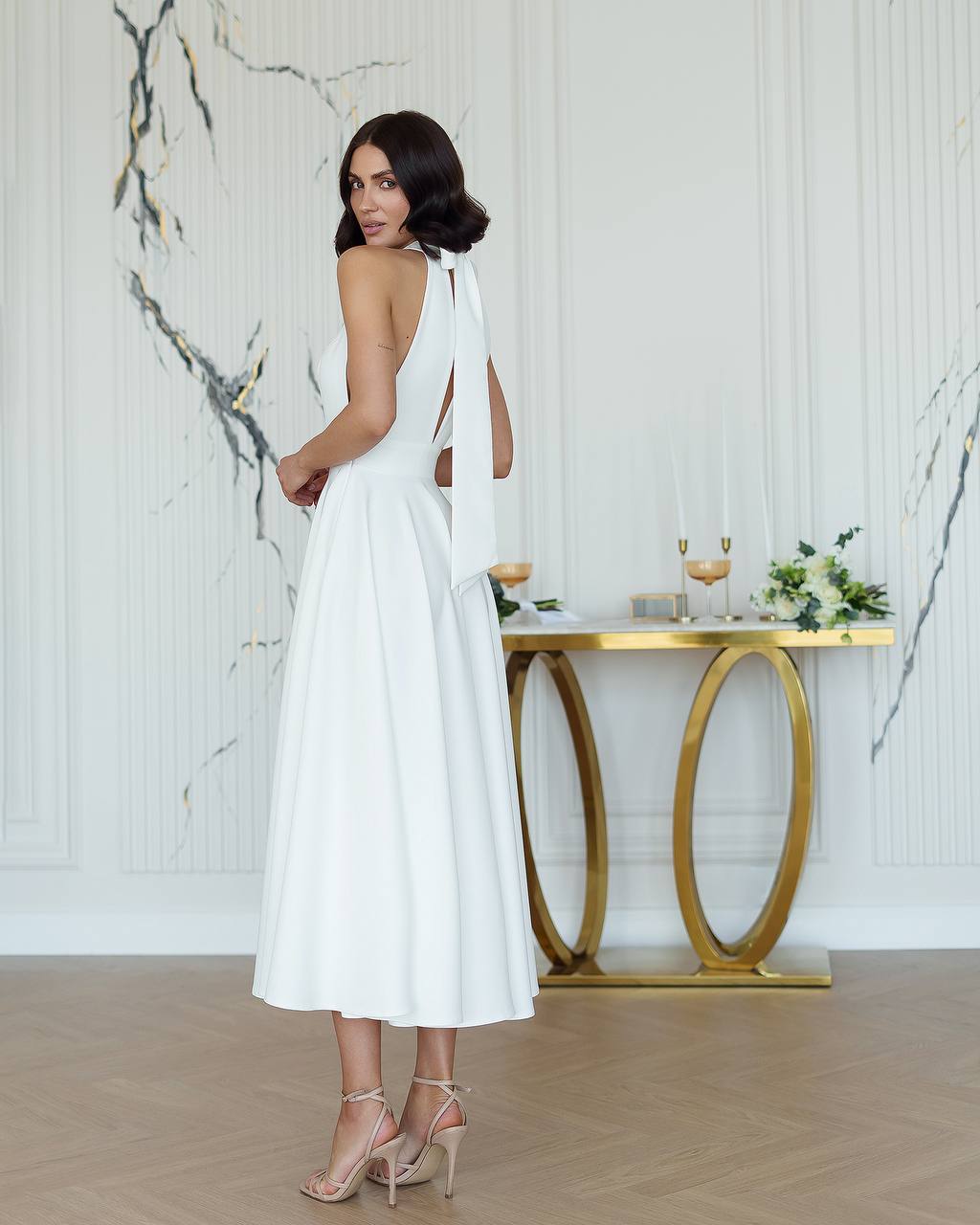 Elegant White Midi Dress for Women Premium Crepe Diagonal Fabric