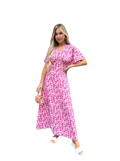 Lightweight Pink Floral Midi Dress for Summer Walks
