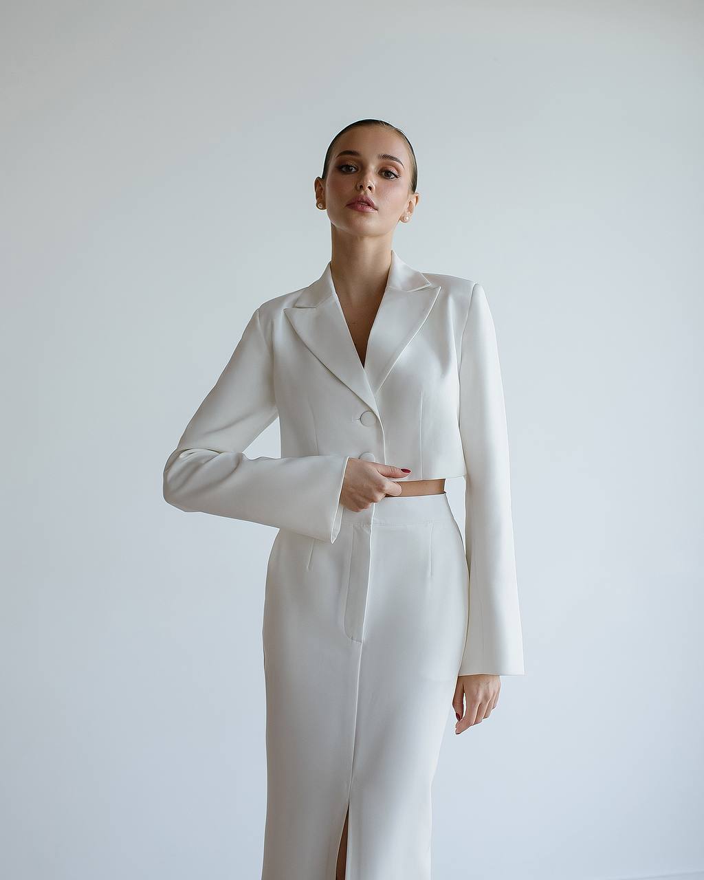 Womens Cropped Suit Jacket Premium Crepe Diagonal